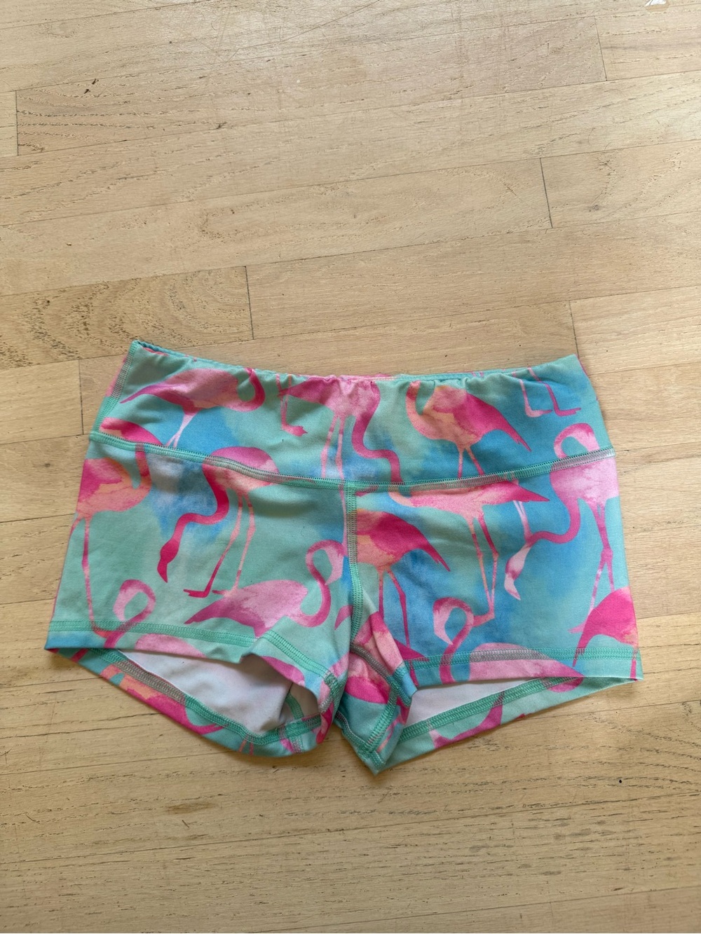 Fleo Pink Flamingo Print Aqua Athletic Shorts